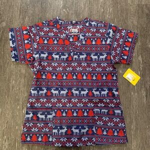Revel Premium Stretch Christmas Reindeer Tree Fair Isle Print Top Women's Size L
